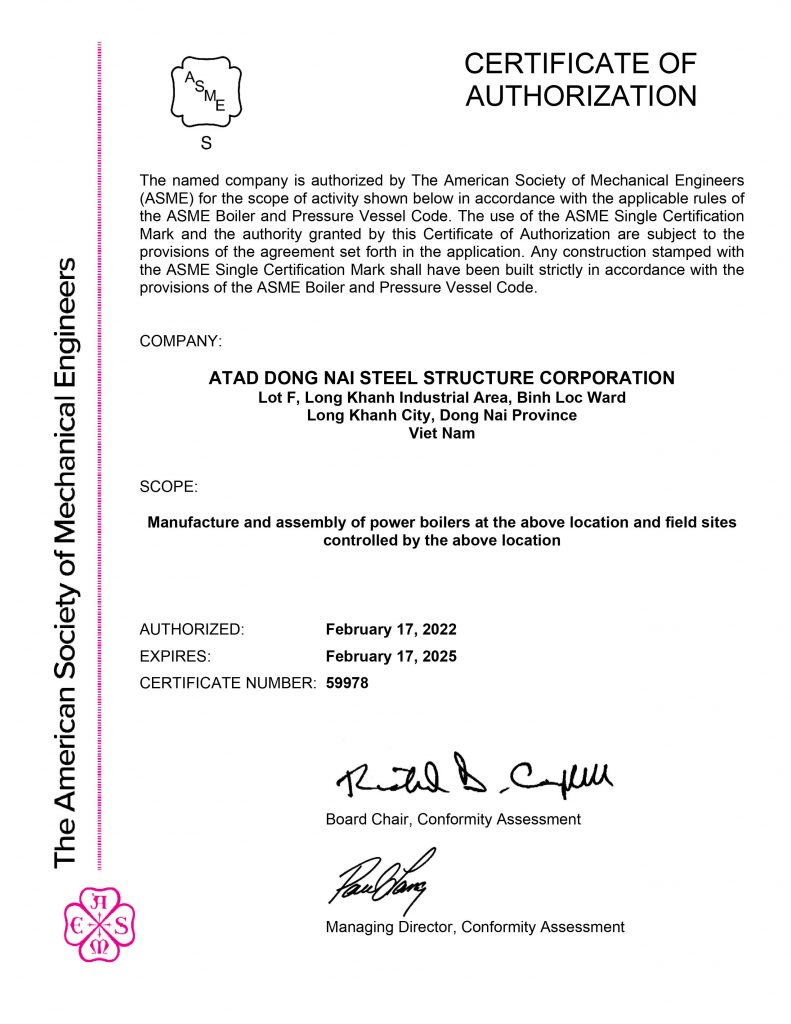 ASME S Stamp Certificate