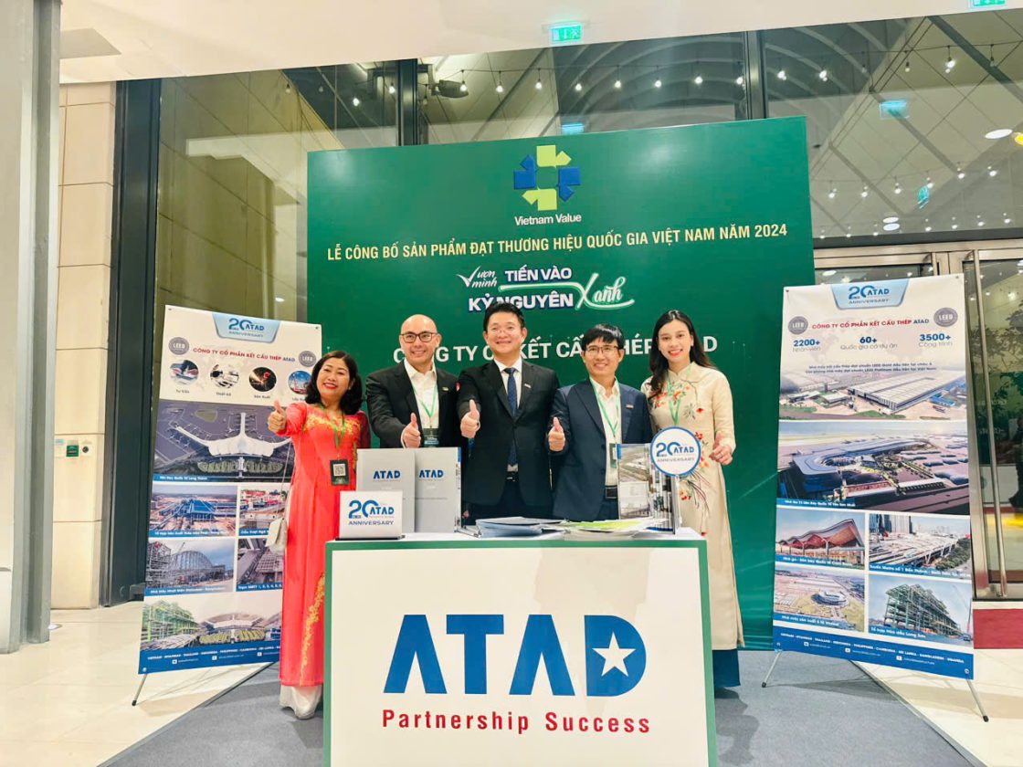 ATAD Steel Structure Joint Stock Company's exhibition booth showcasing images of numerous national key projects and works