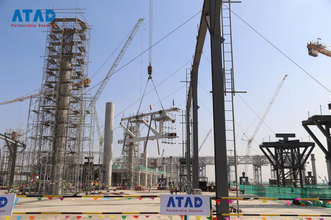 Aerial view of the steel structure of the project during erection