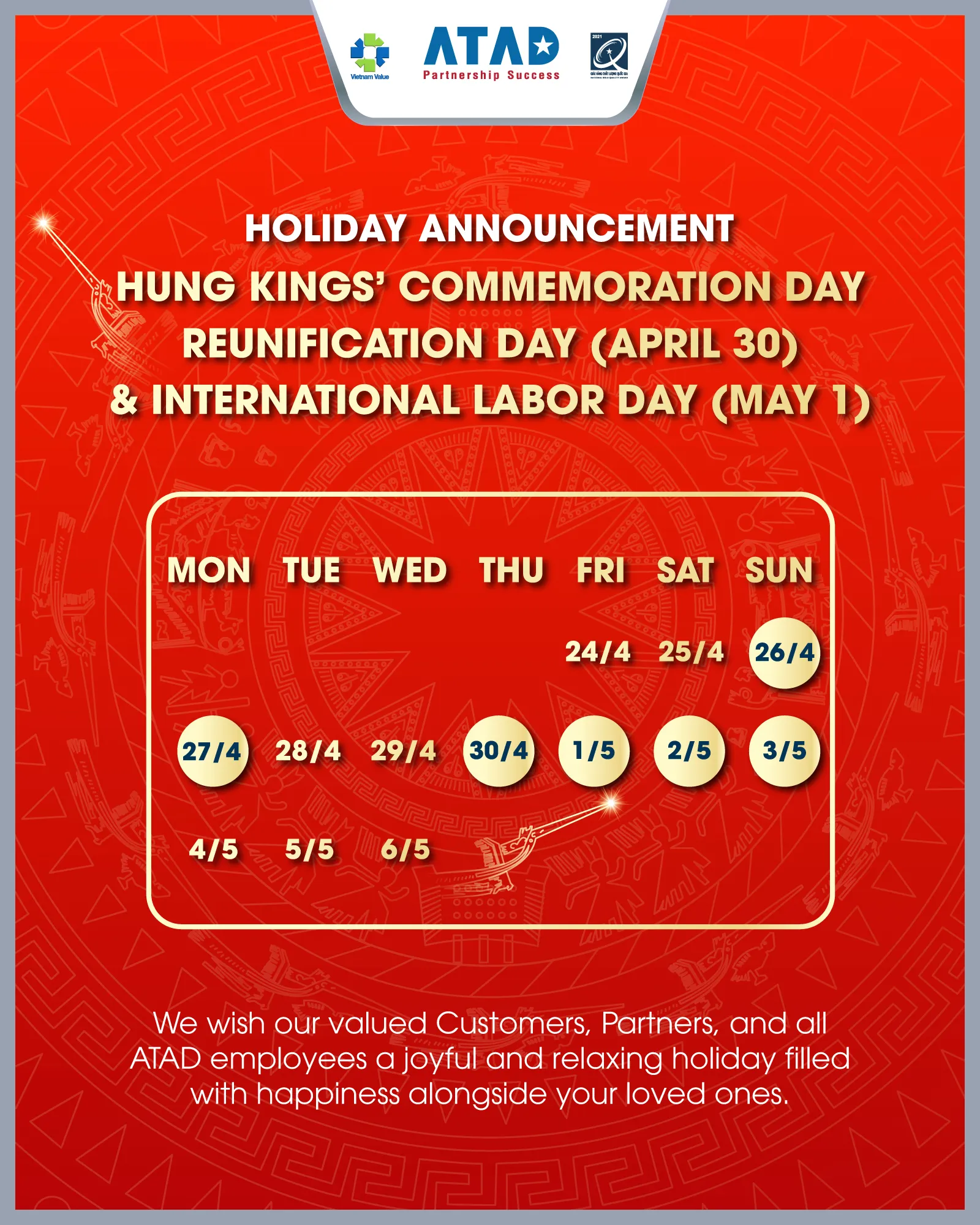 Holiday Announcement: Hung Kings’ Commemoration Day And Reunification Day (April 30) – International Labor Day (May 1)